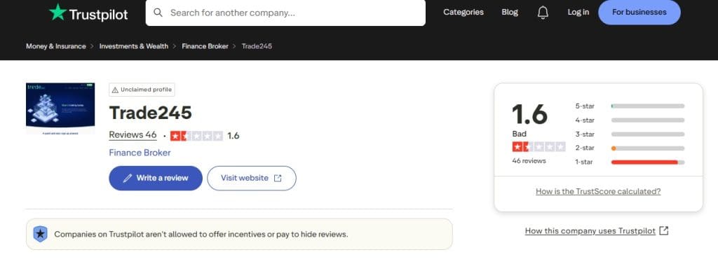 Trade245 Trustpilot