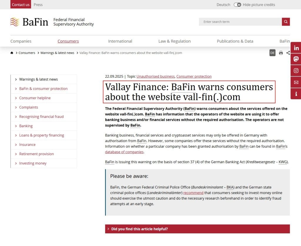 BaFin-Warnings-latest-news-Vallay-Finance-BaFin-warns-consumers-about-the-website-vall-fin-com